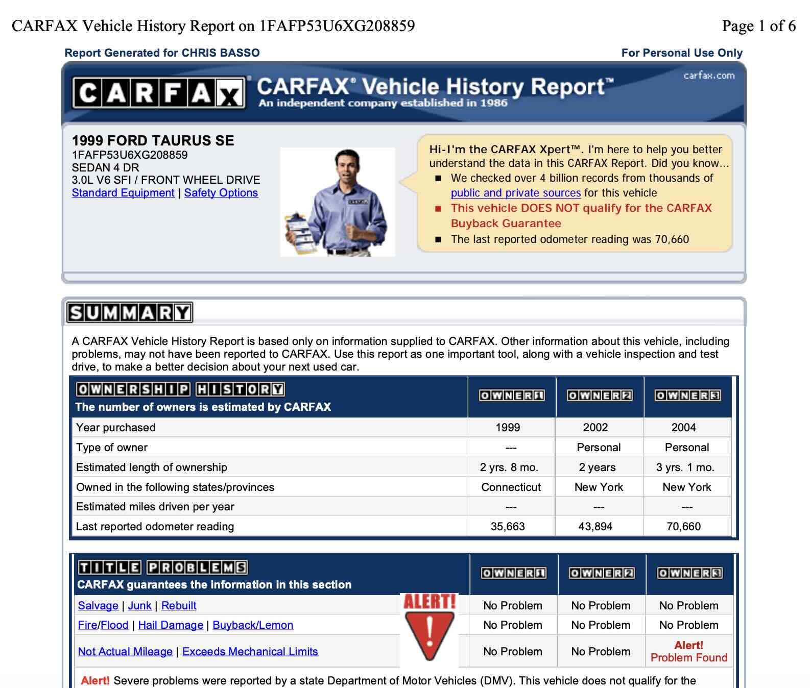Sample CARFAX vehicle history report